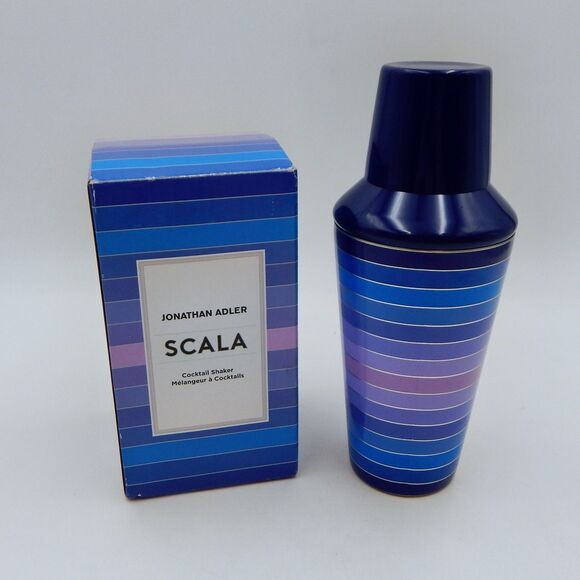 Jonathan Adler SCALA 18 oz Aluminum Blue Striped Cocktail Shaker Jigger NIB - Picture 1 of 10